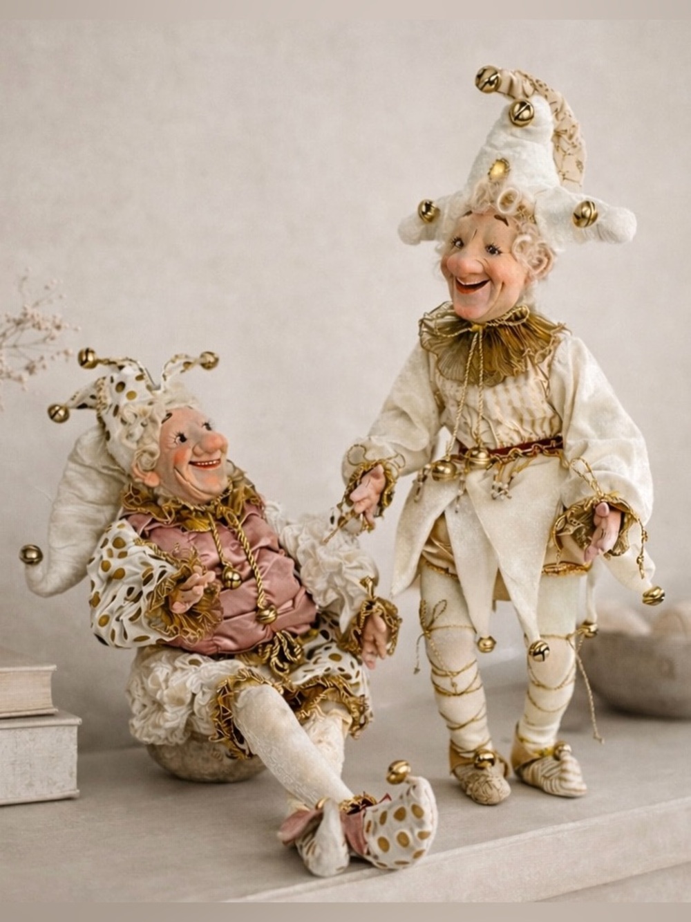 Vintage Jester Doll Pair 24” Harlequin Clown Cream Gold Shelf Sitter Decor